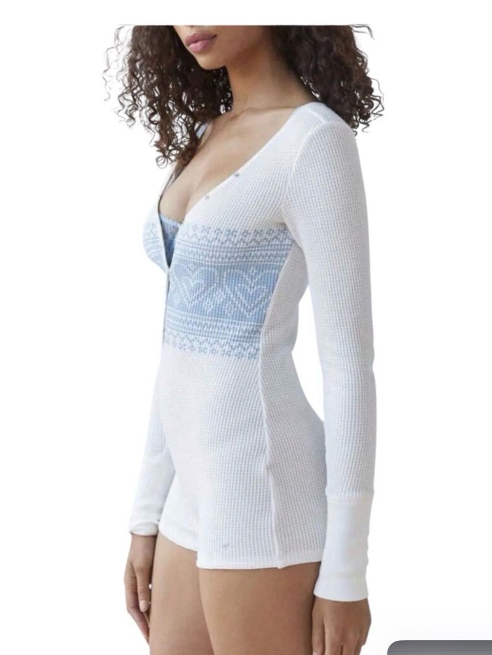 Out from under White Thermal Romper with Light Blue Pattern